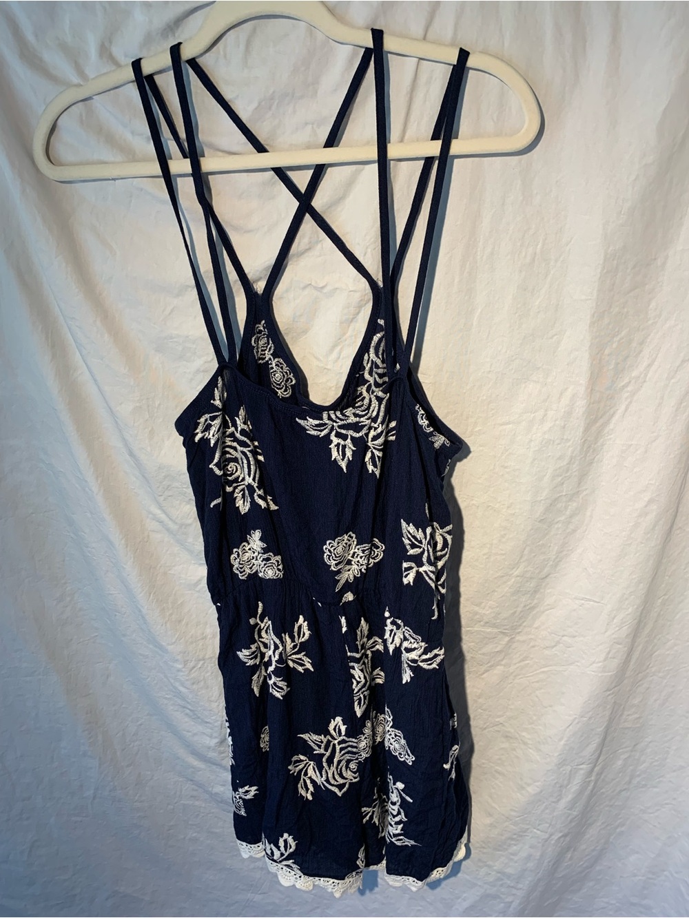Sequin Hearts Navy and White Floral Embroidered Romper